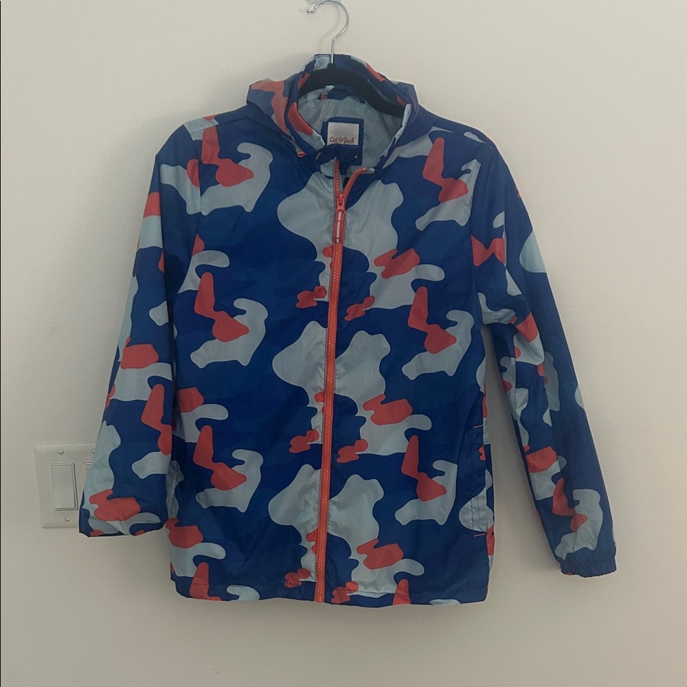 Cat & Jack Kids Rain Jacket Large 12 14 Blue Orange Camo Hooded Lightweight Coat